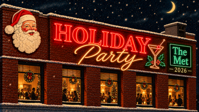 A brick building at night with a neon sign reading Holiday Party next to a martini glass and a The Met 2026 sign, decorated with a Santa face and window wreaths.