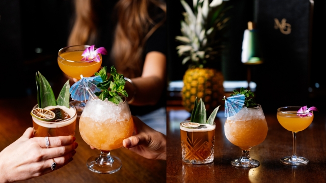 Three tropical cocktails with garnishes like flowers, mint, umbrella, and pineapple leaves; one image shows hands toasting, the other displays drinks on a wooden table with a pineapple and dark background.